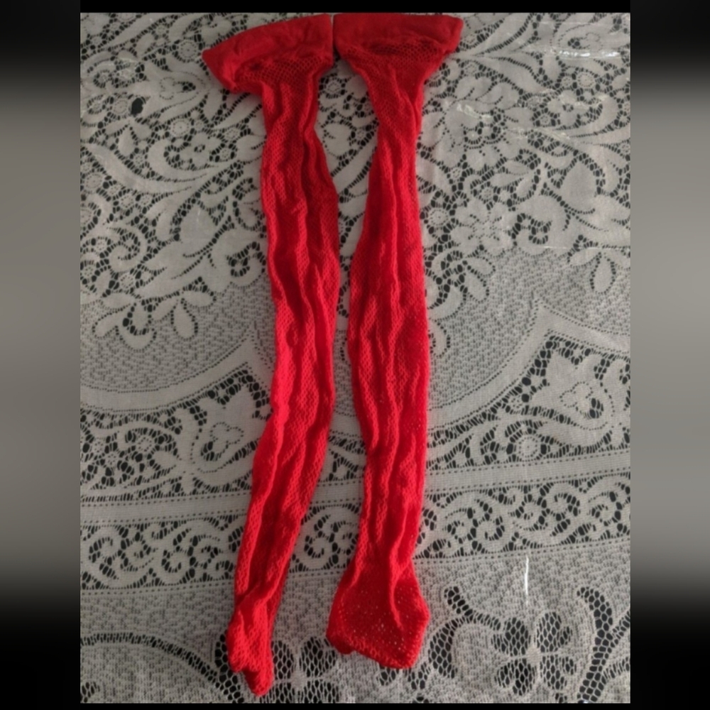 Vintage Retro Red Fishnet Thigh High Stockings Costume Festival Party Lingerie